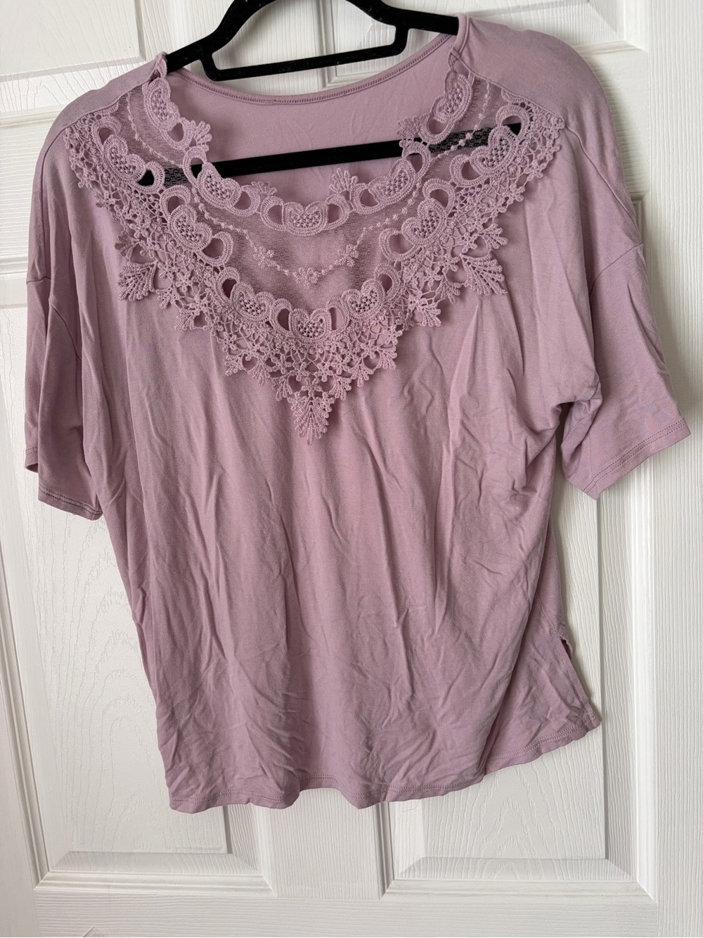 Lace Yoke Short Sleeve Top - Dusty Lavender